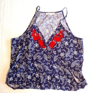 Living Doll blue summer tank top with red rose embroidered trim